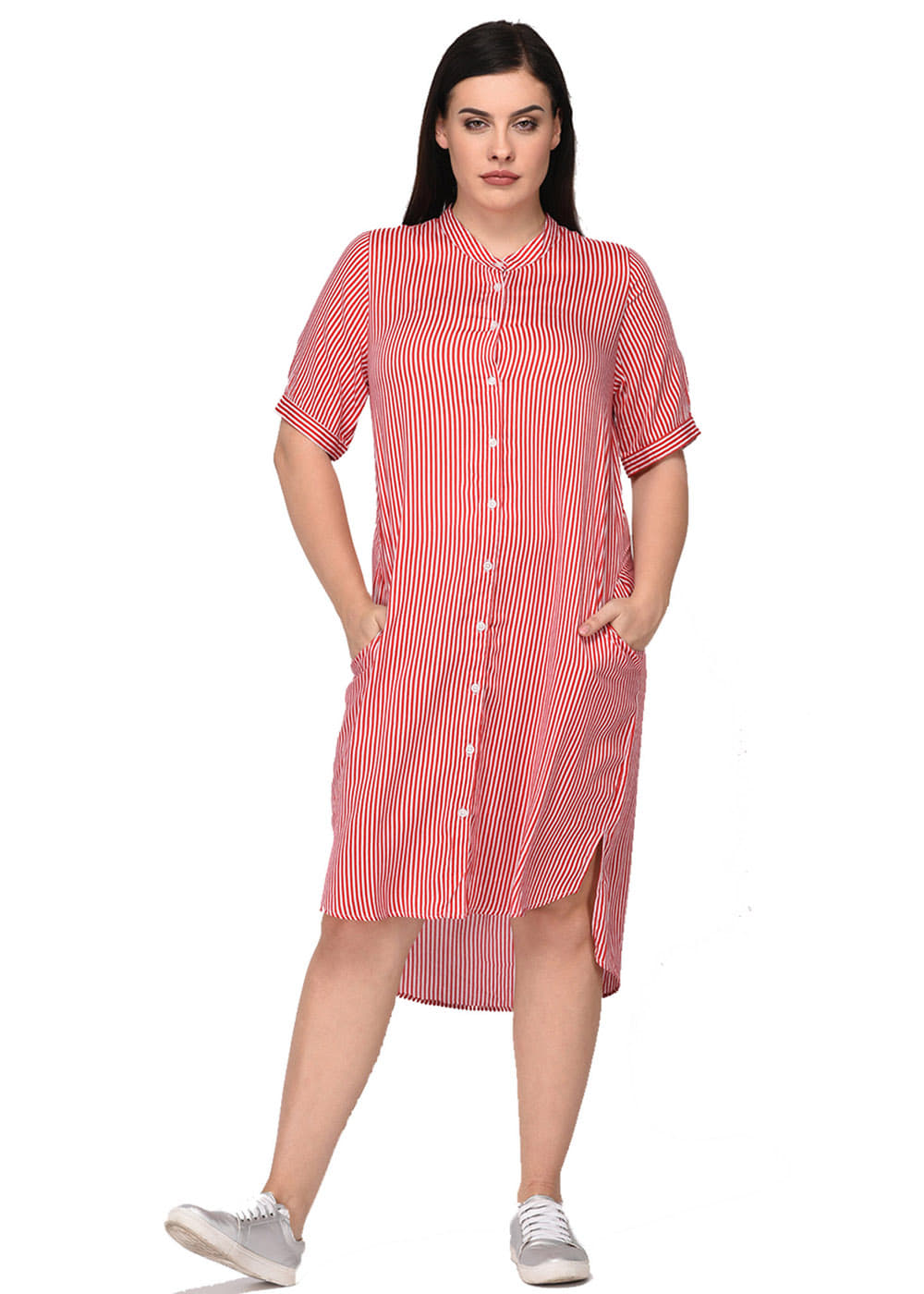 Get Red Mandarin Collar Striped Shirt Dress at  1200 | LBB Shop