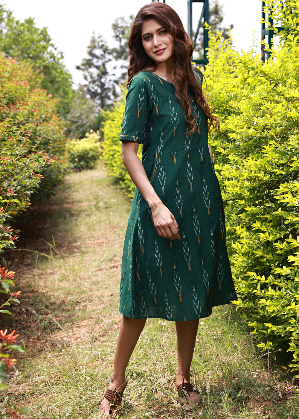 green emerald velvet dress Green Exclusive Ikat Knee-Length Dress – Naksh For You main image 1