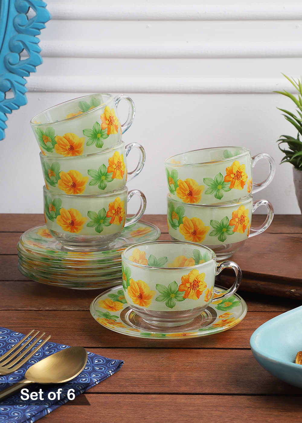 Get Glass Tea Cups Set With Saucers (Set Of 6, 180 Ml)- Yellow