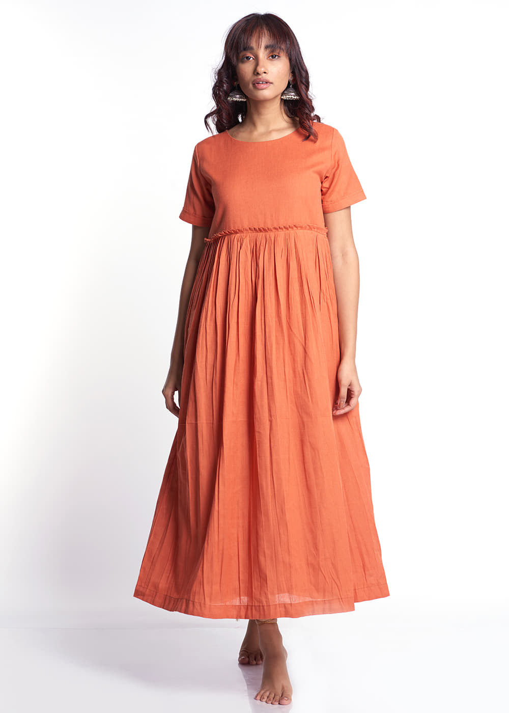 Get Orange Long Cotton One Piece Dress with Pleats at ₹ 2250
