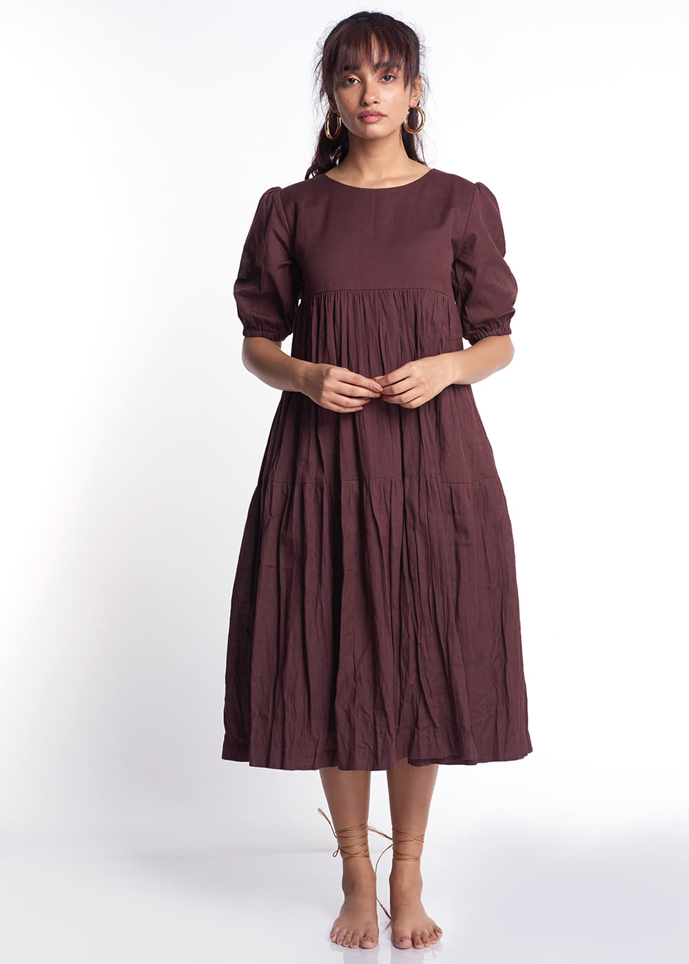 Get Burgundy Puff Sleeved Layered One Piece Dress at  2050 | LBB Shop