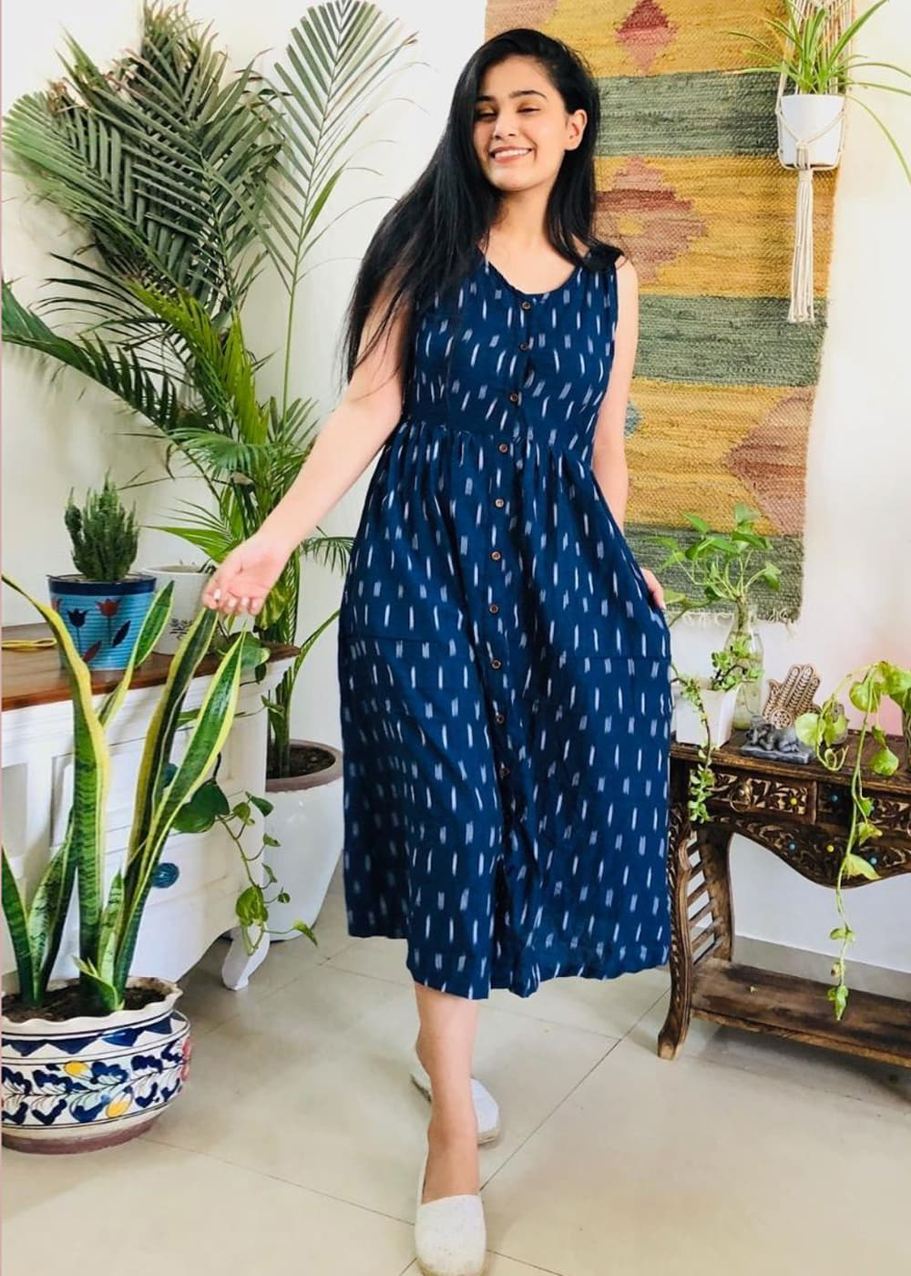 Get Navy Ikat Gathered Button Down Maxi Dress at ₹ 2199 LBB Shop