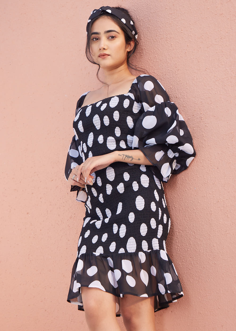 Get Retro Style Black And White Polka Dot Smocking Dress at