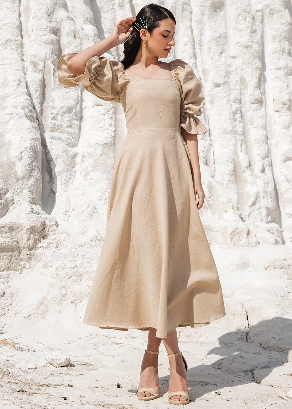 Get Lantern Sleeve Detail Solid Beige Midi Dress at ₹ 3850 LBB Shop