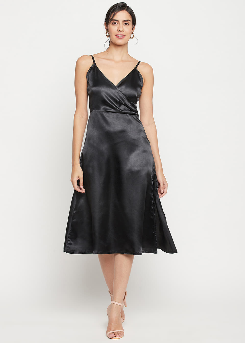 Get Solid Black Satin Slip Dress With Side Slit at ₹ 1199