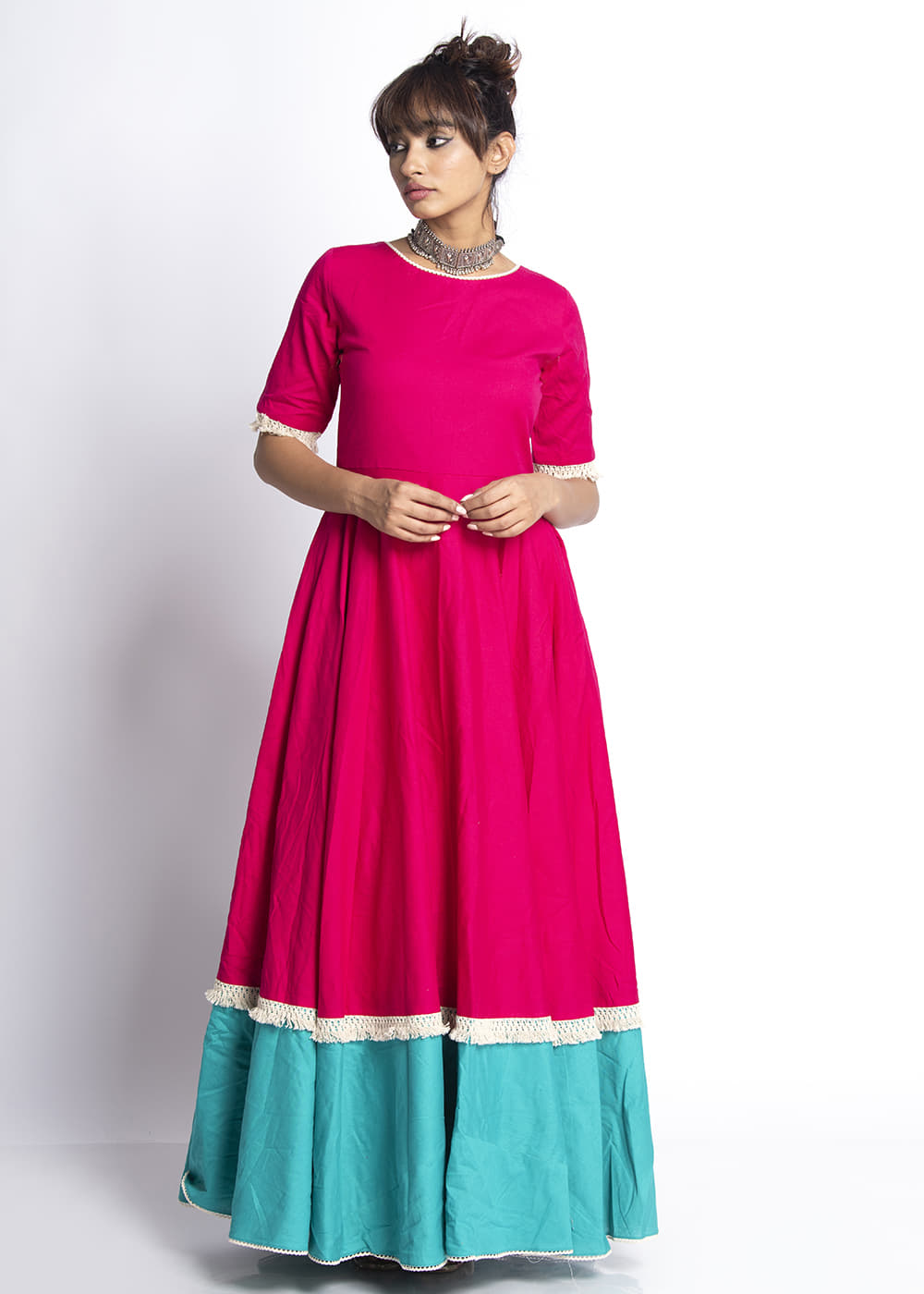 Get Dual Toned Long Flared Dress with Lace Details at 3250 | LBB Shop Get Dual Toned Long Flared Dress with Lace Details at 3250 | LBB Shop