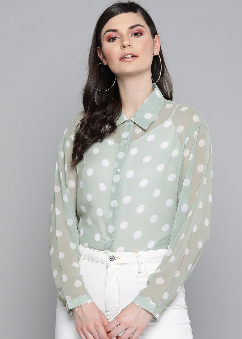 Get Olive Polka Dot Boxy Sheer Shirt at 1249 | LBB Shop Get Olive Polka Dot Boxy Sheer Shirt at 1249 | LBB Shop