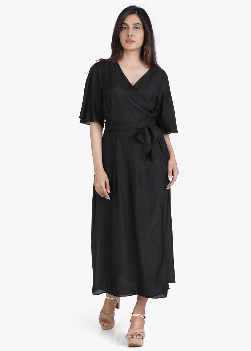 Get Flared Sleeve Detail Black Wrap Dress at 2500 | LBB Shop Get Flared Sleeve Detail Black Wrap Dress at 2500 | LBB Shop